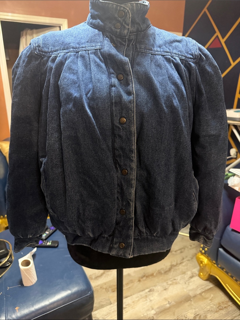 Vintage Dawn Women’s Dark Blue Denim Jacket - Classic High-Collar Style-